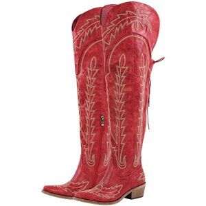 Women Red Synthetic Cowgirl Thigh High Wide Calf Embroidered Western Boots